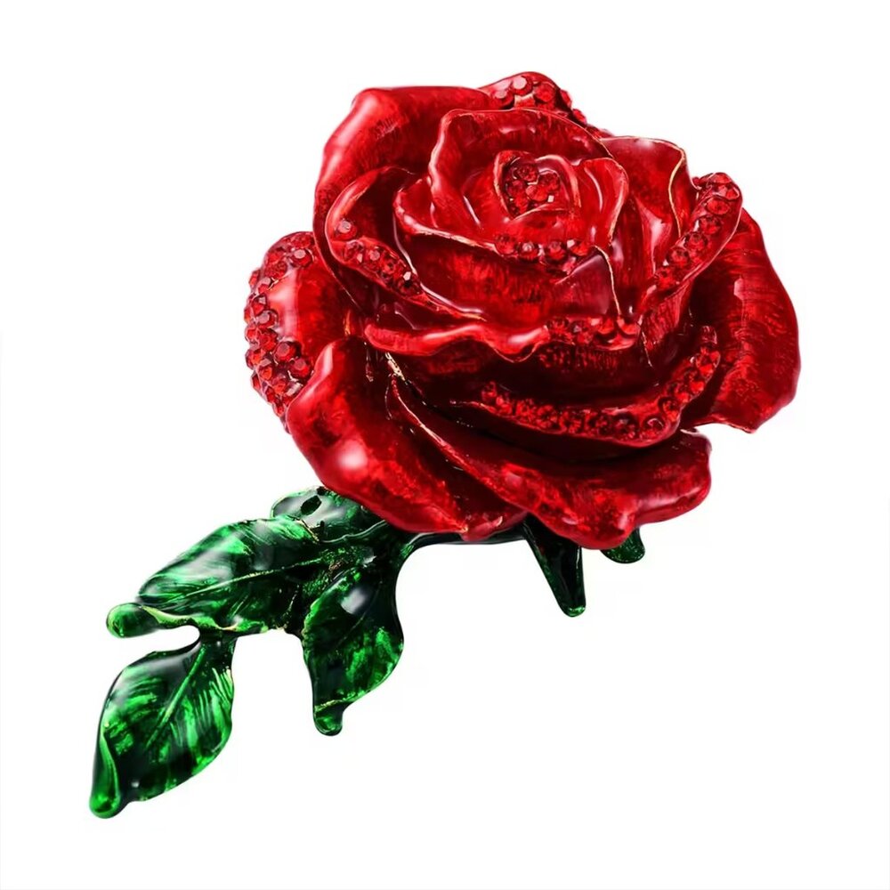 NEW Red Austrian Crystal, Enameled Rose Trinket Box in Goldtone
